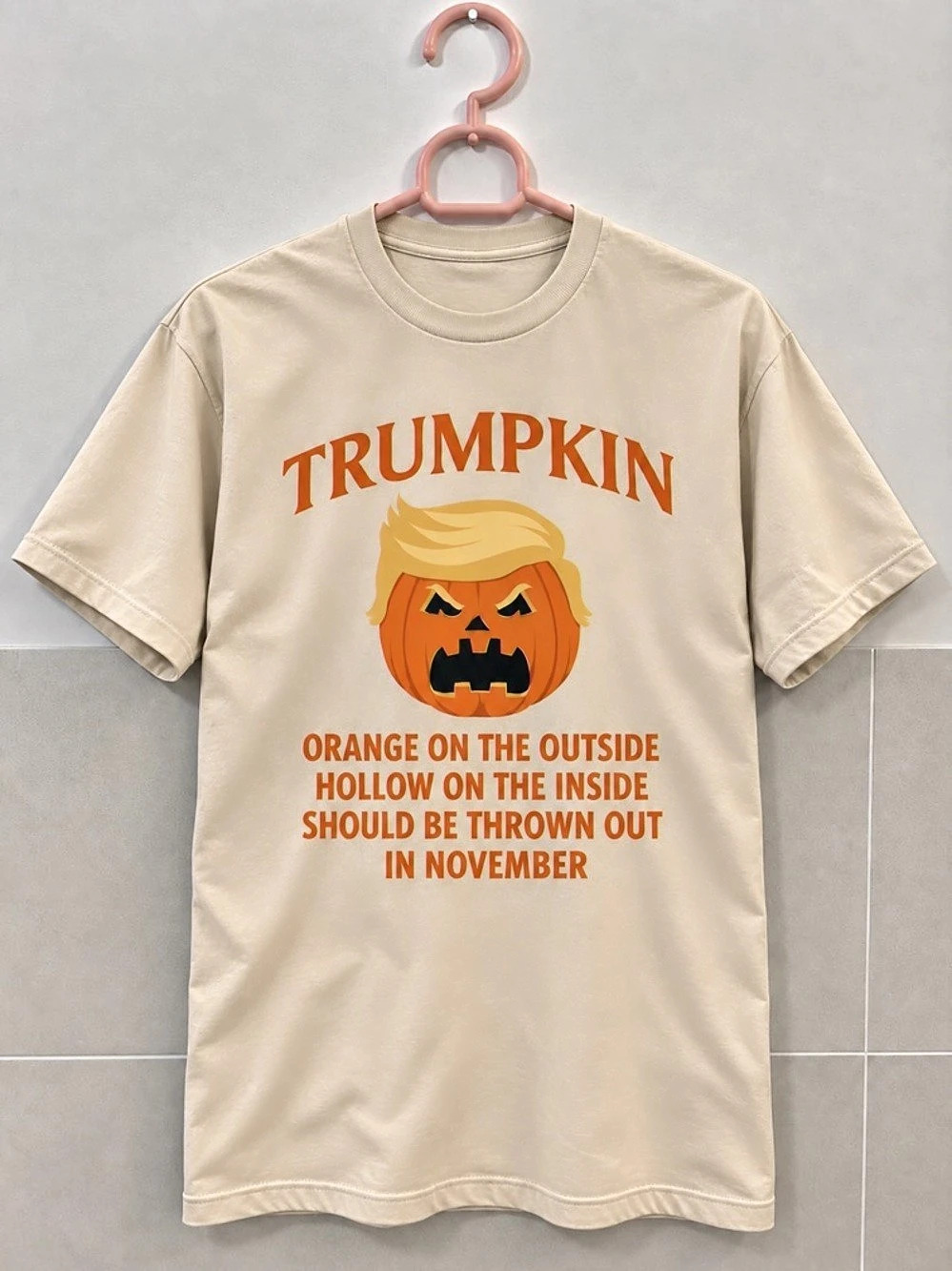 Pumpkin Trumpkin Donald Trump Funny Halloween Graphic T-Shirt in Sand Color